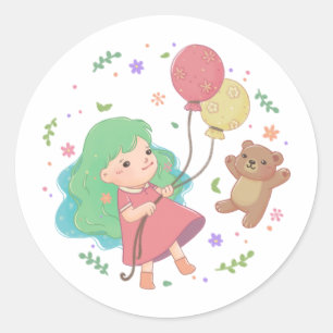 Adesivo Ilustração do Urso de Teddy e Rapariga