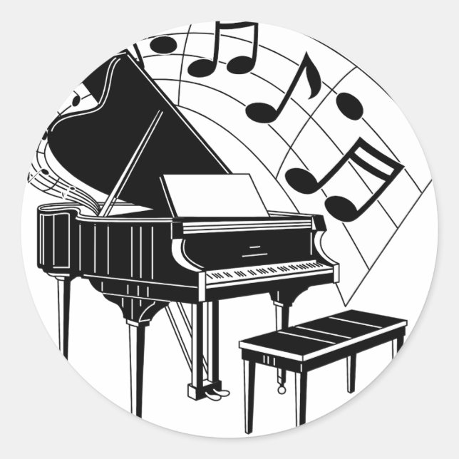 Adesivo Ilustração Preta/Branca de Piano e Notas Grandes (Frente)