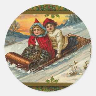 Adesivo Ilustração Sledding do Victorian do vintage em