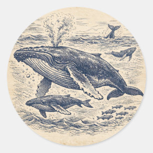 Adesivo Ilustração Vintage de um Grupo de Baleias Jubarte