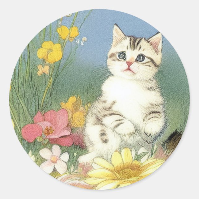 Adesivo Ilustração Vintage Kitten com Flores Amarelas (Frente)