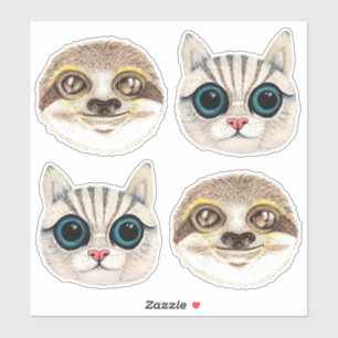 Adesivo Ilustrações de Aquarela de Rosto e Rosto de Gato
