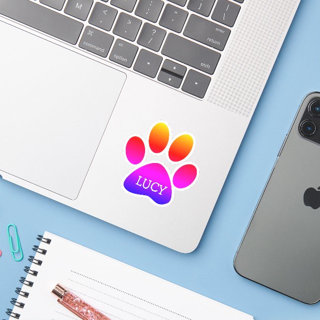 Adesivo Impressão de Pata de Cachorro Arco-íris Neon Com N (Notebook com iPhone)