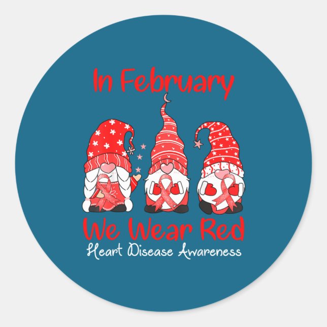 Adesivo In February We Wear Red Three Gnomes Heart Disease (Frente)