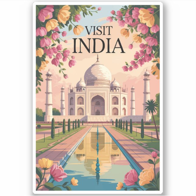 Adesivo India Taj Mahal Illustration Travel Art Vintage (Frente)