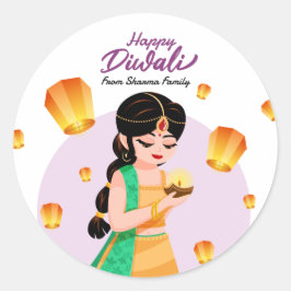 Adesivo Indian Girl with Floating Lanterns Happy Diwali