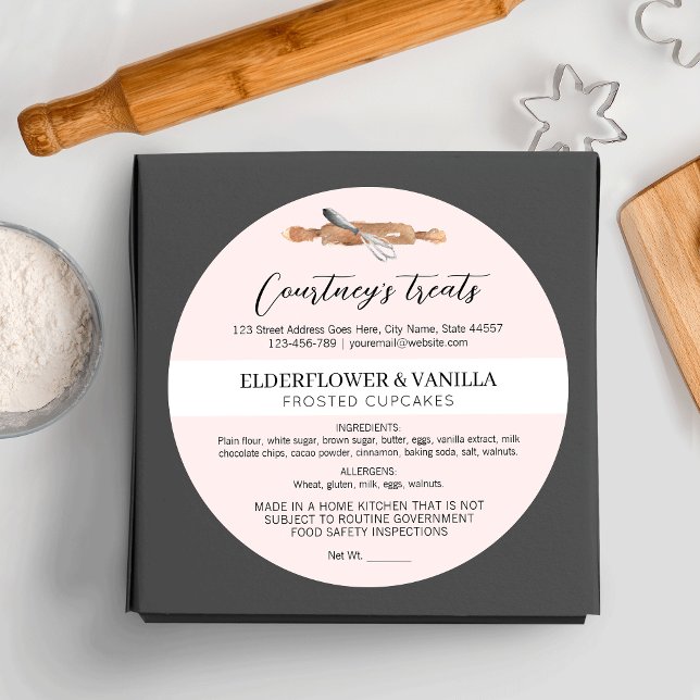Adesivo Ingredientes da padaria inicial do Script Elegante (Add the finishing touch to your dessert boxes with this blush pink cottage law food sticker)