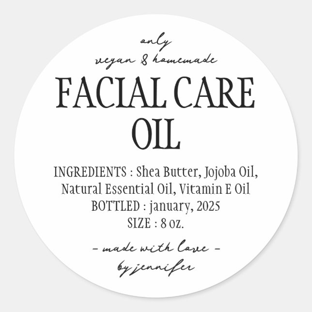 Adesivo Ingredientes de Óleo de Cuidados Faciais de Frasco (Frente)