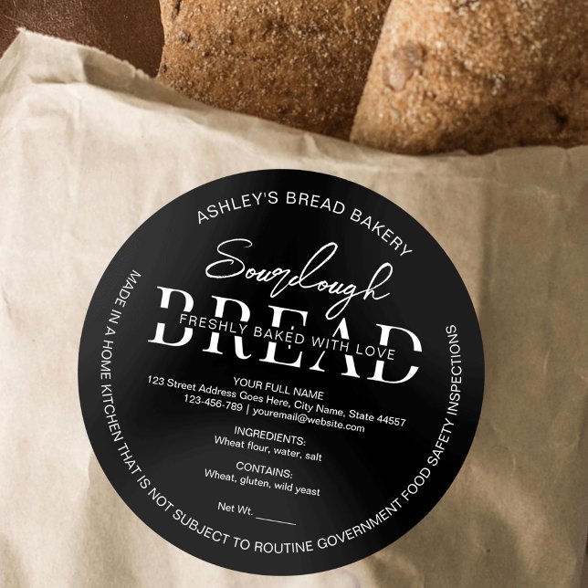 Adesivo Ingredientes de pão preto minimalista (Modern minimalist black sourdough bread bakery cottage law labels with your address & details)