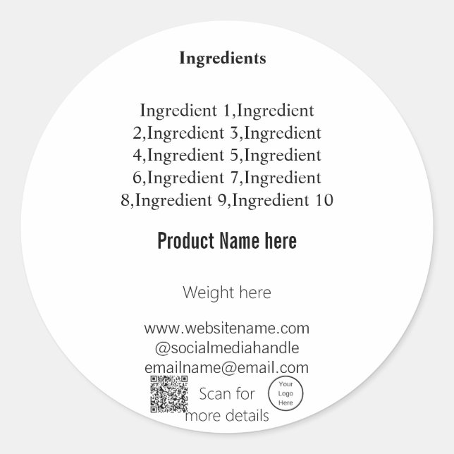 Adesivo Ingredientes do produto adicionar nome do produto  (Frente)