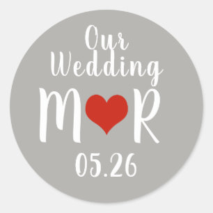 Adesivo iniciais com coração de amor vermelho, casamento