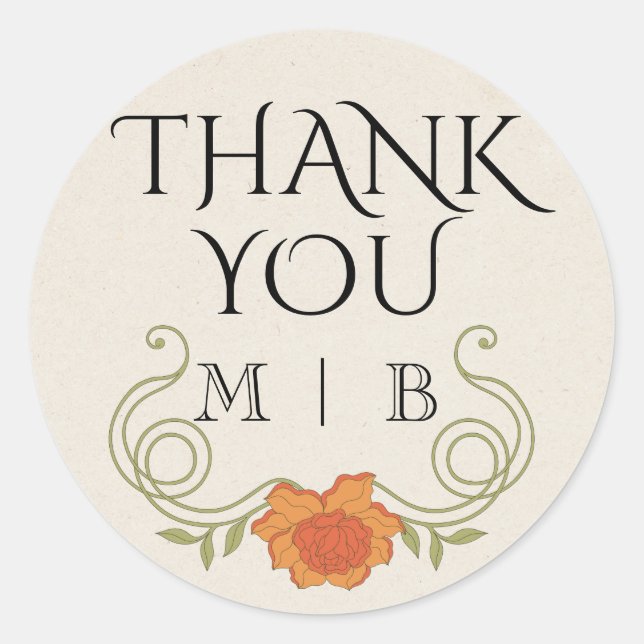 Adesivo Iniciais De Flor Laranja Elegante Arte De Nouveau (Frente)