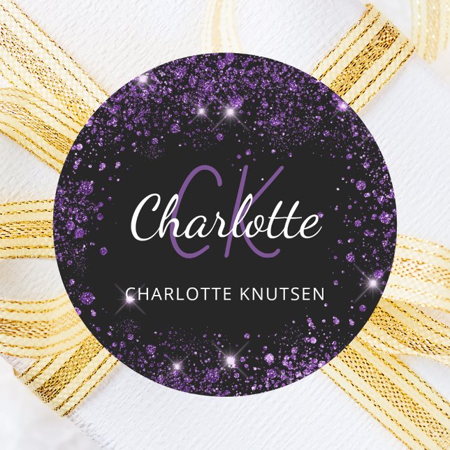 Adesivo iniciais de monograma de nome em pó purpura preto  (Criador carregado)