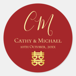 Adesivo Iniciais do casal moderno casamento chinês vermelh