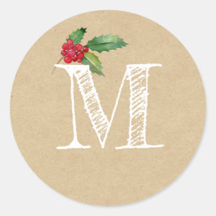 Adesivo Inicial Monograma de Natal Rustic Kraft Holly