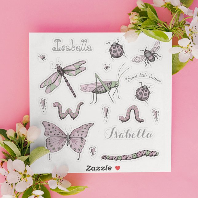 Adesivo Inseto e besouro rosa-claro (Adorable, girly ink drawing stickers of the cutest insects with 2 name stickers in Gray.)