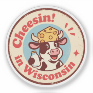 Adesivo Insígnia Retro Wisconsin_ Vaca de desenho animado 