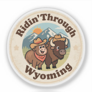 Adesivo Insígnia Retro Wyoming_ Bisonte com Cordilheira 