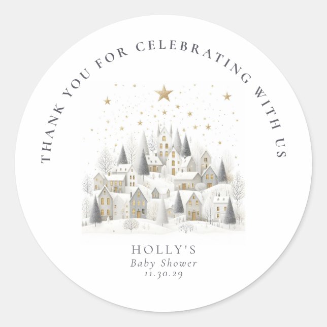 Adesivo It Takes a Village Snowy Whimsical Baby Shower  (Frente)