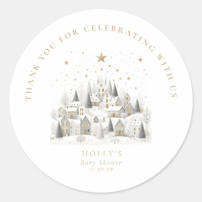 Adesivo It Takes a Village Snowy Whimsical Baby Shower  (Frente)