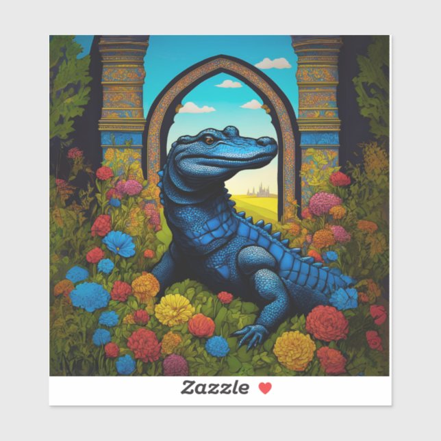 Adesivo Jacaré Azul Com Flores Arte Fantasia (Folha)