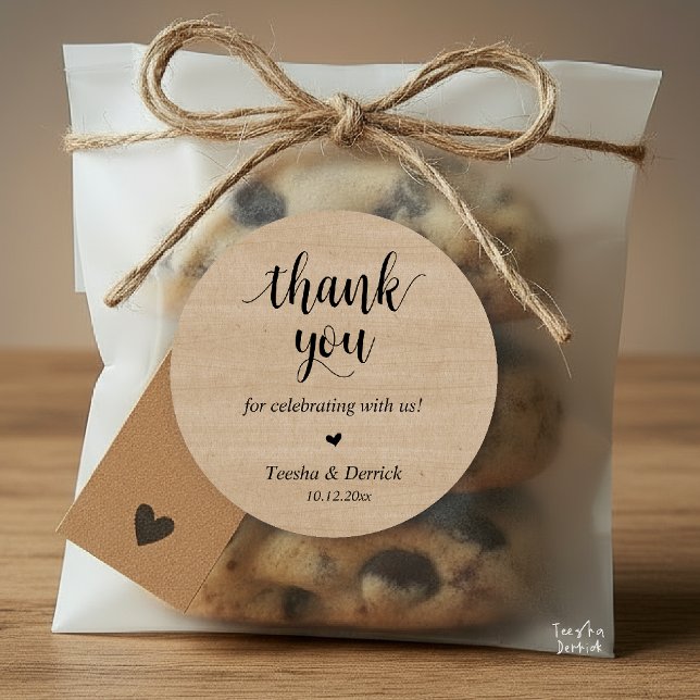 Adesivo Janto Russo Moderno De Casamento Obrigado Presente (Modern Rustic Wedding Dinner Thank You Gifts Classic Round Sticker cute heart Brown Kraft)