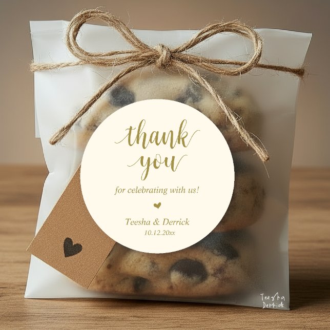 Adesivo Janto Russo Moderno De Casamento Obrigado Presente (Modern Rustic Wedding Dinner Thank You Gifts Classic Round Sticker cute heart Yellow Gold)