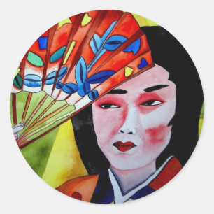 Adesivo japonês Geisha com fã aquarela arte original