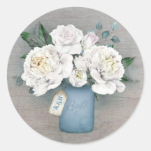 Jar e Flores Brancas de Mason Azul Pintado