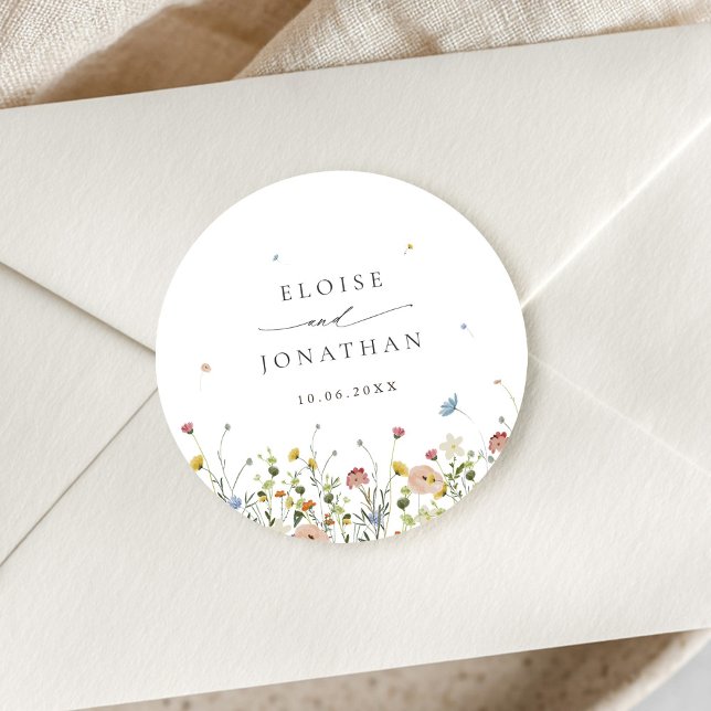 Adesivo Jardim de Flores Silvestres da Primavera Casamento (Spring Wildflower Garden Floral Minimalist Wedding envelope seal Classic Round Sticker)