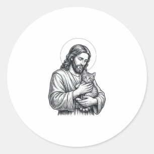 Adesivo Jesus Antigo Segurando Gato Gravura Gráfico_1