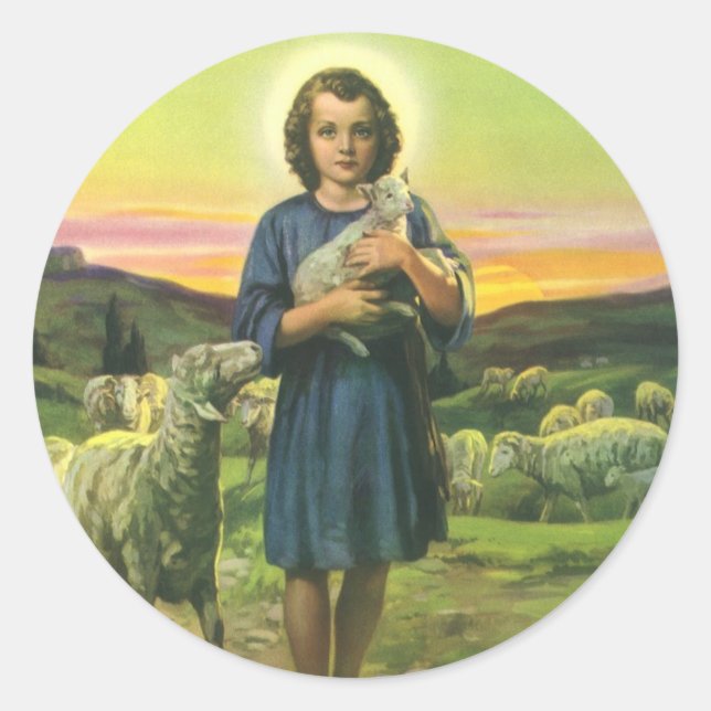 Adesivo Jesus Cristo Pastor Vintage com Cordeiro Bebê (Frente)