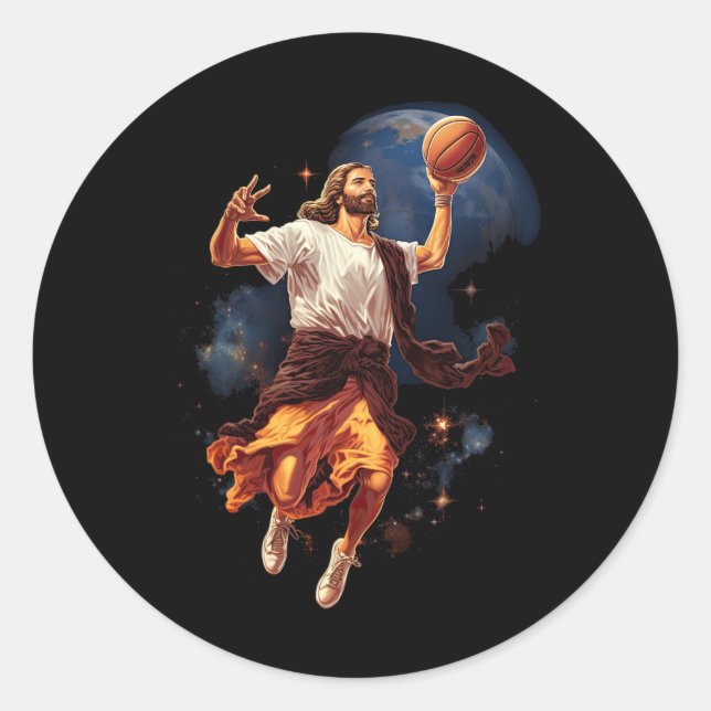 Adesivo Jesus divertido jogando basquete (Frente)
