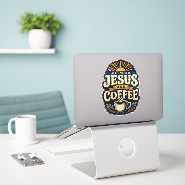 Adesivo Jesus e Café Fé Cristã Amante de Café  (Laptop na mesa)