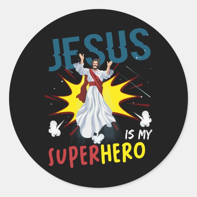 Adesivo Jesus é meu super-herói, poderoso comi cristão. (Frente)
