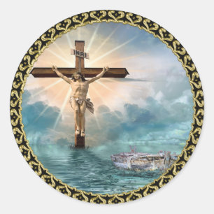 Adesivo Jesus pendurado numa cruz de crucificação cristã.
