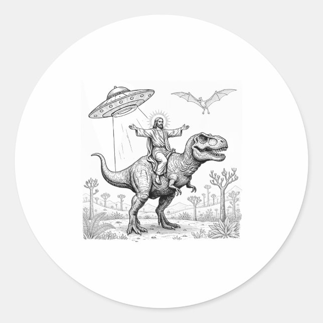 Adesivo Jesus Riding Dinosaur T-rex Ufo Hunting Alien Sci- (Frente)