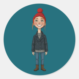 Adesivo Jeune Fille Rousse Souriante avec Bonnet Rouge et 