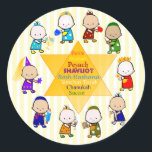 Adesivo Jeway Holiday Star Kids Round Sticker<br><div class="desc">Apropriado para qualquer feriado judeu (bem,  exceto dias rápidos como Yom Kippur),  este design apresenta uma grande estrela de David com nomes de várias férias judaicas no centro. Ao redor da Estrela estão crianças estilizadas e coloridas em um jardim de férias apropriado. Festivo e divertido.</div>