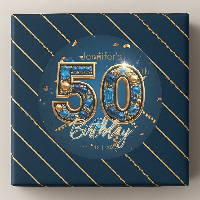 Adesivo Jeweled Sapphire Blue and Gold 50th Birthday  (Criador carregado)