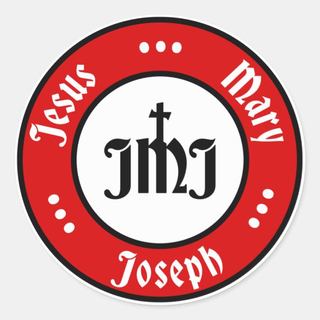 Adesivo JMJ: Jesus, Mary, Logotipo Joseph (Vermelho) (Frente)
