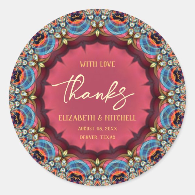 Adesivo Jóia Azul Laranja Fractal Renda Obrigado (Frente)