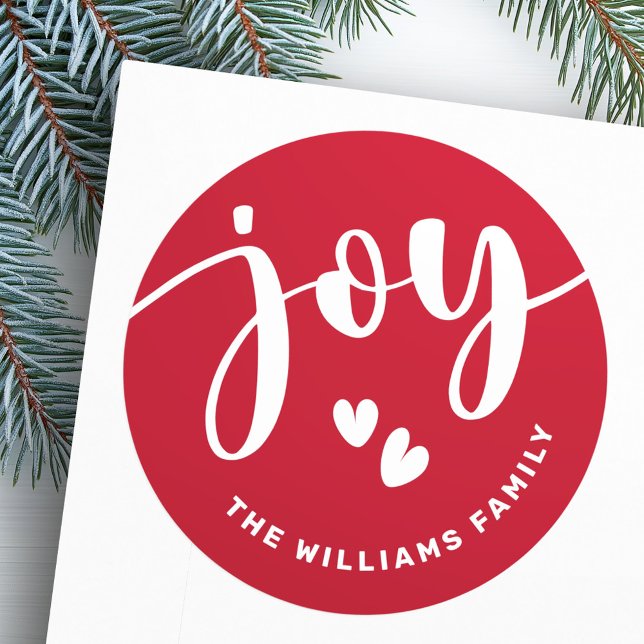 Adesivo Joy, bonitinha tipografia, nome vermelho Natal (Joy cute script typography red name Christmas Classic Round Sticker)