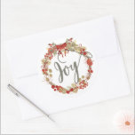 Adesivo Joy Christmas Wreath Holiday<br><div class="desc">Feriado de Natal com a palavra Joy em um roteiro de rico dentro da Terra. Design moderno com um toque de estilo clássico tradicional. Feito em cinza de sábio,  verde e vermelho.</div>
