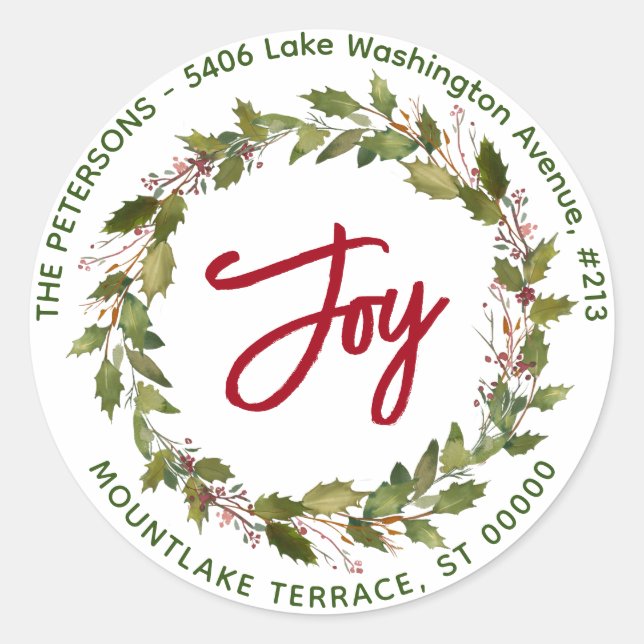 Adesivo Joy Christmas Wreath Holly Berries Endereço de Dev (Frente)