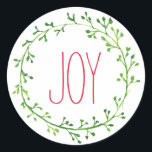 Adesivo Joy Christmas Wreath Typoographic Cotes Stickers<br><div class="desc">Etiquetas de Natal simples e bonito com uma coroa verde e a palavra Joy em uma elegante letra vermelha.</div>