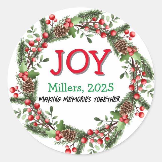 Adesivo Joy Felry Christmas Wreath Family Name Red Xmas (Frente)