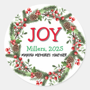 Adesivo Joy Felry Christmas Wreath Family Name Red Xmas