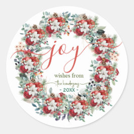 Adesivo Joy Handwritten Script Christmas Wreath Name Red