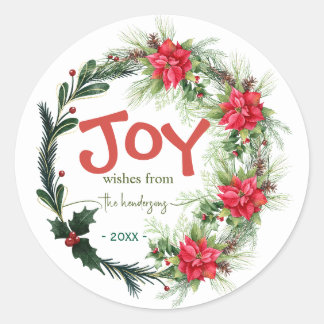 Adesivo Joy Handwritten Script Name Christmas Wreath Red